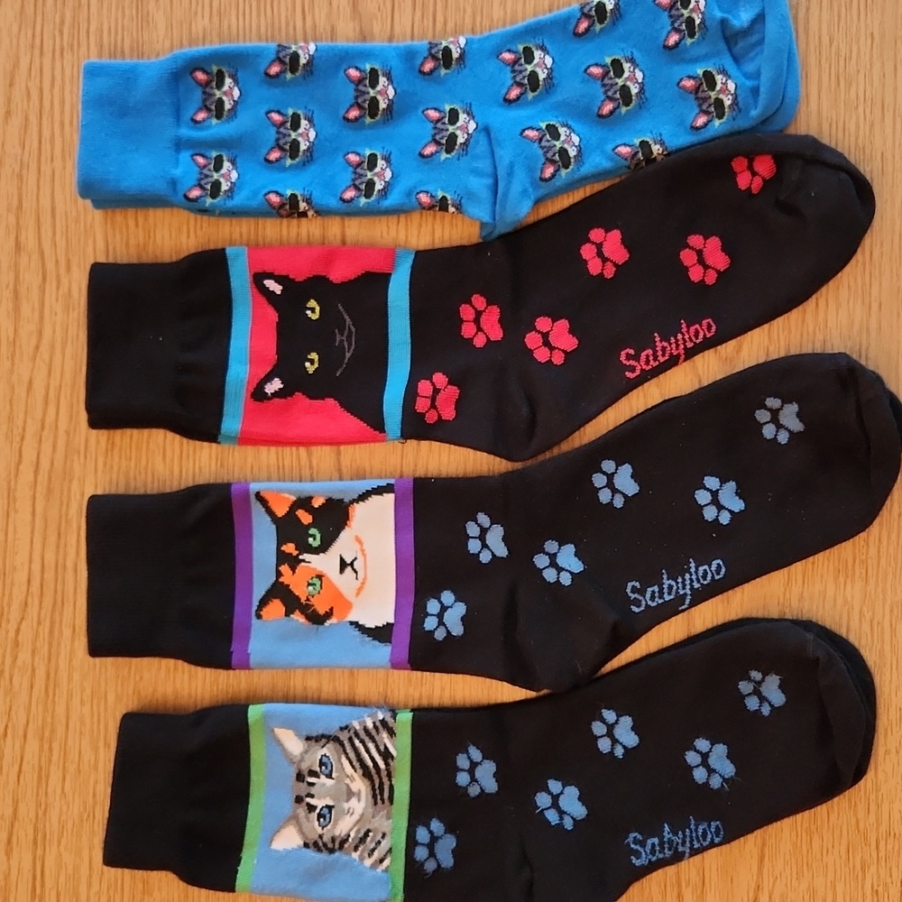 (3) Pairs of Sabyloo Cat Themed Socks Plus (1) Pair Of Blue Cat Socks